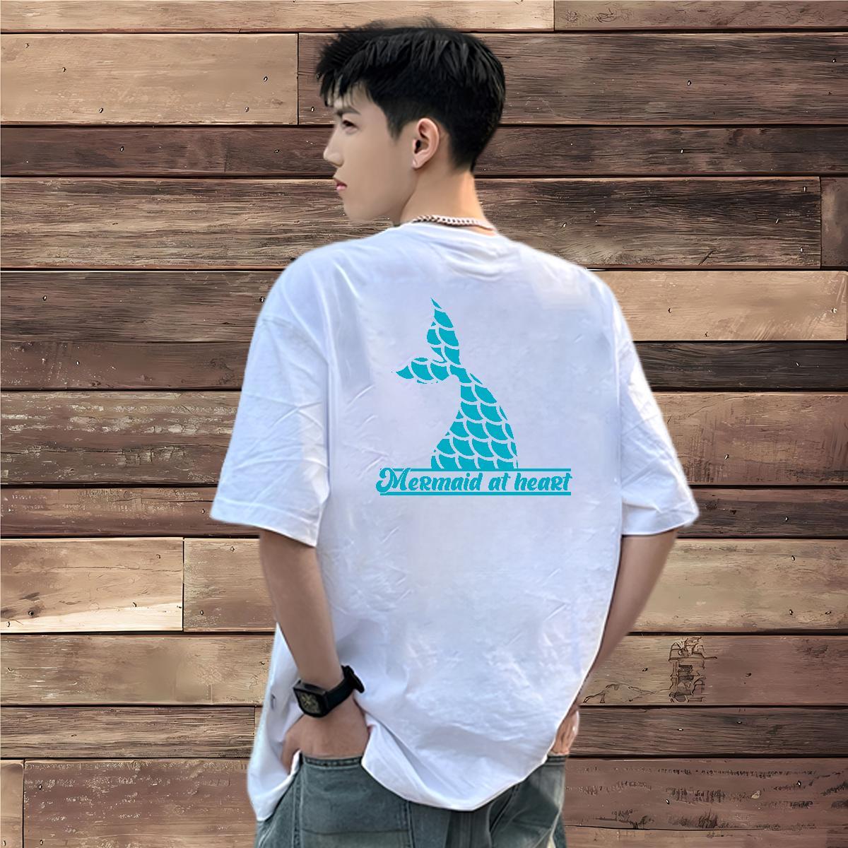 Fashion Casual T Shirt For Man 230g 100% Cotton Fishtail Street Tops Tees Round Neck Short Sleeve Brand Mens Tshirts White Plus Size