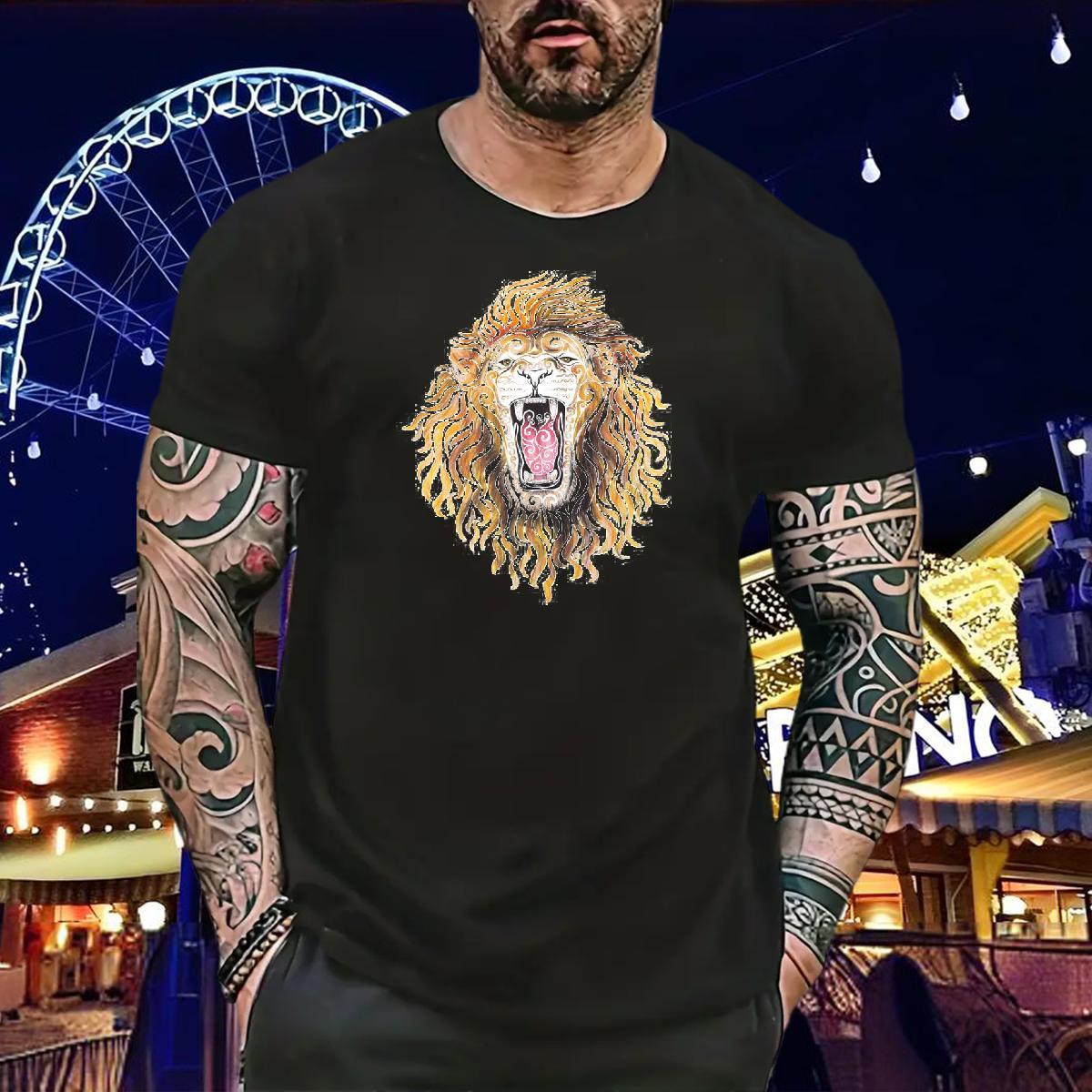 Brand Man T Shirts 230g Cotton lion Summer Casual Wear Round Neck Short Sleeve Cool Tshirts DIY Anime