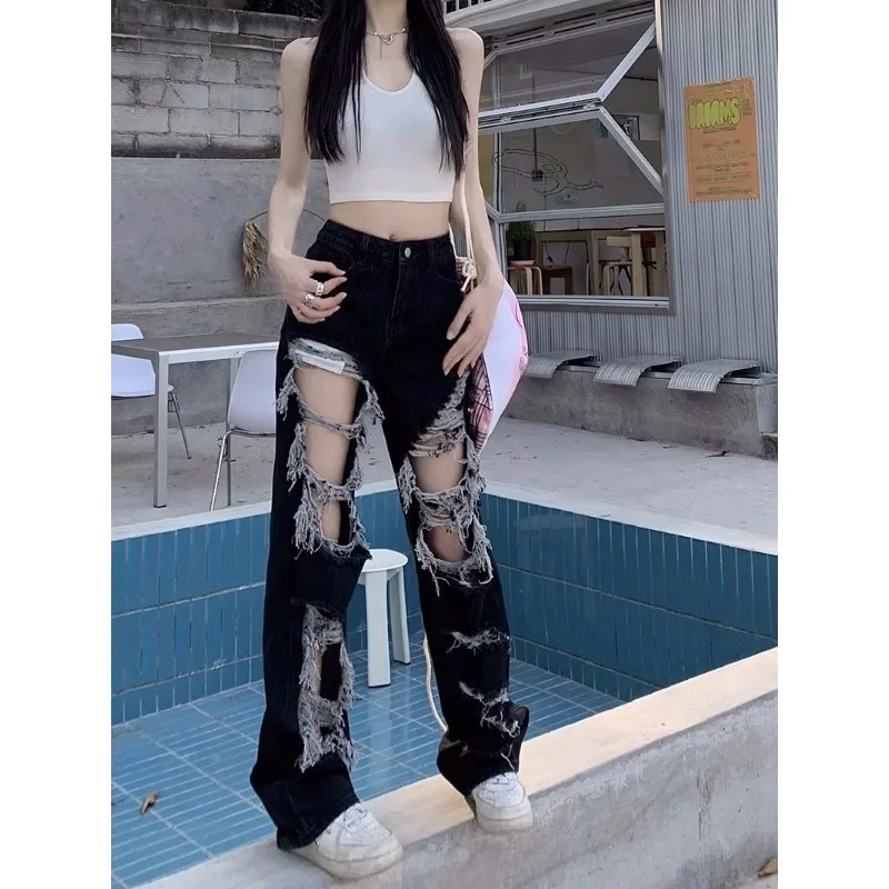 Y2k Broken Hole Jeans All-Match Distressed Women High Street Hip Hop High Waist Straight Loose Trousers Washed Mopping Pants 240806