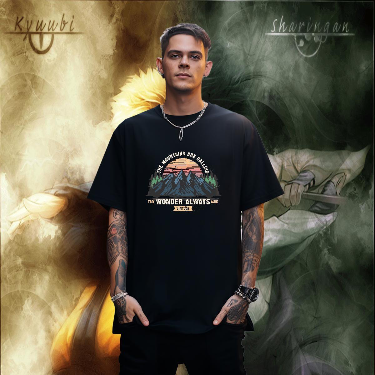 High Quality Mens Tshirts 230g 100% Cotton Outdoor mountains Custom Big Size O Neck Short Sleeves 2024 T shirt Clothes