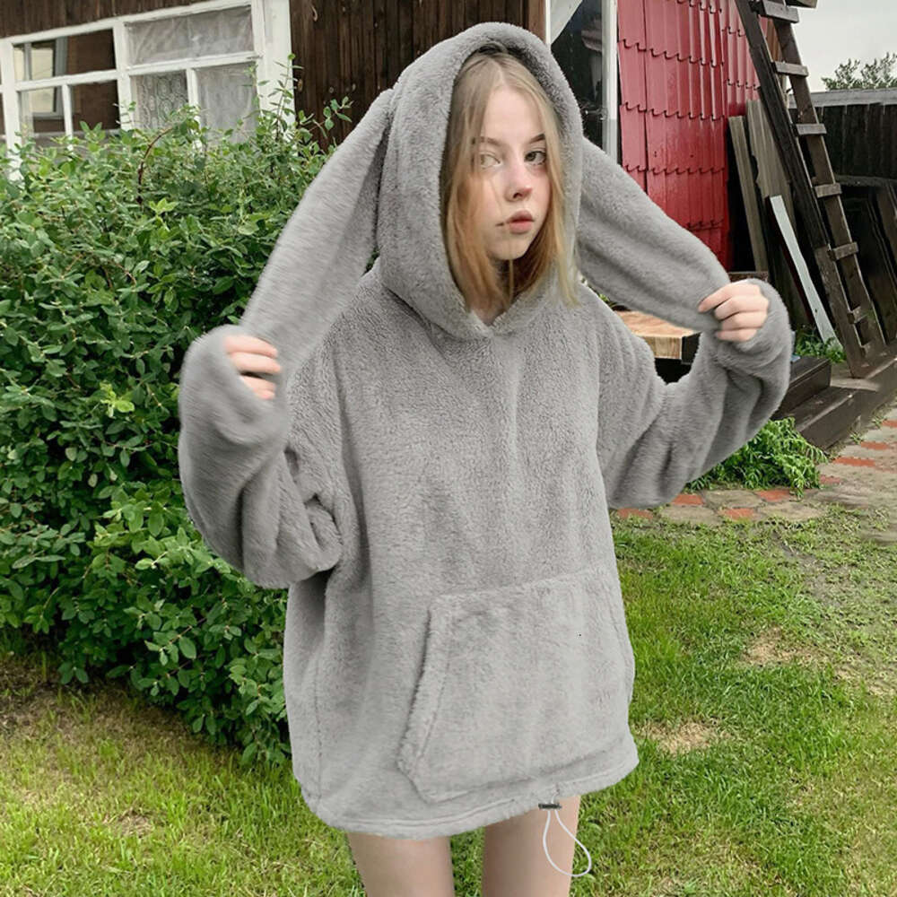 Cute Rabbit Ears Plush Hoodie for Women Autumn/Winter New Style Lazy Loose Hooded Warm and Velvet Top
