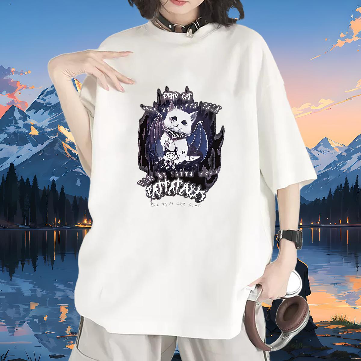 Female Women T Shirts O Neck Short Sleeves Lady T shirt Anime cat Sport 230g 100% Cotton 2024 Designer Tee Shirt