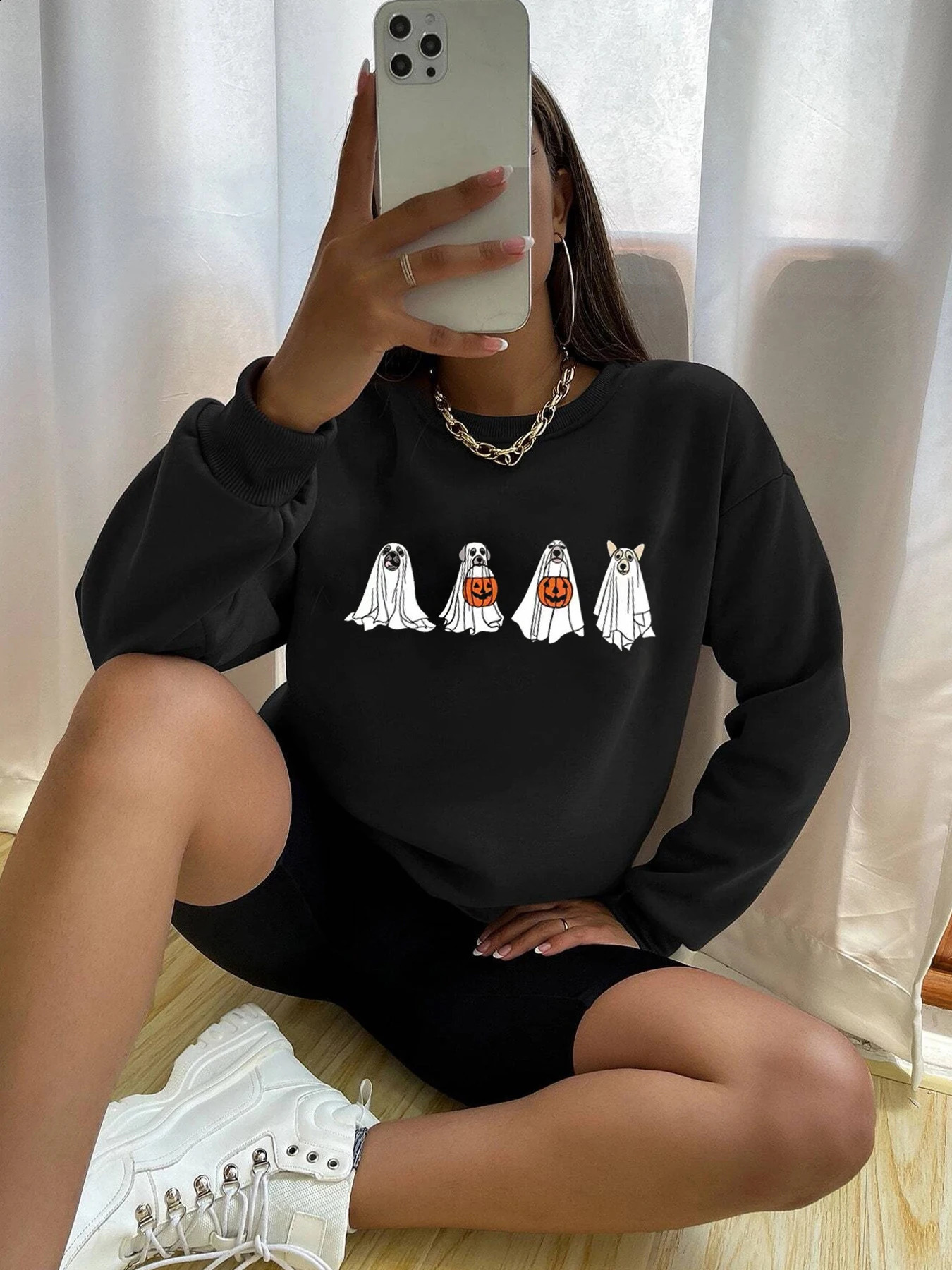 Creative Troublemaker Left Chest Print Round Neck Sweatshirt Women Thin Hooded Sweatshirt Y2K High Street Halloween Clothing 240806