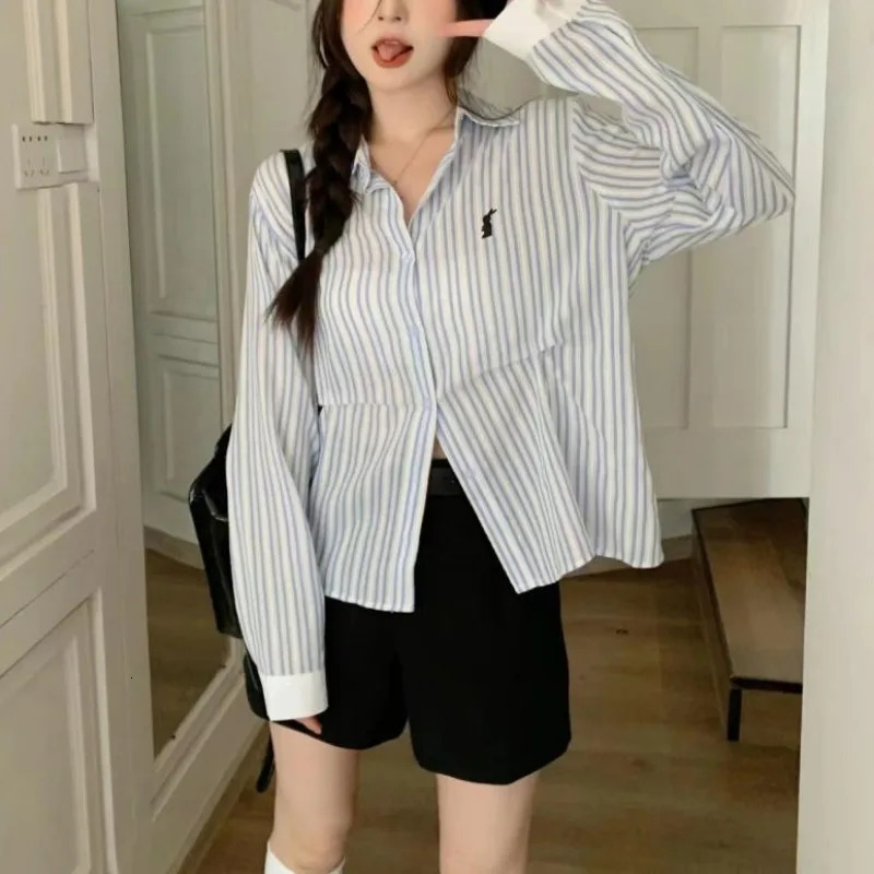 Deeptown Vintage Long Sleeve Striped Shirts Youthful Woman Korean Style Y2k Blouses Japanese Harajuku Fashion Female Tops Summer 240806