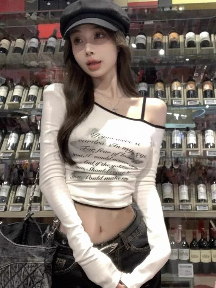 Fashion Casual Butterfly Letter Print Tee Shirts Off Shoulder Long Sleeve Pleated Slim Streetwear Y2k Ins Women Crop Top 240806