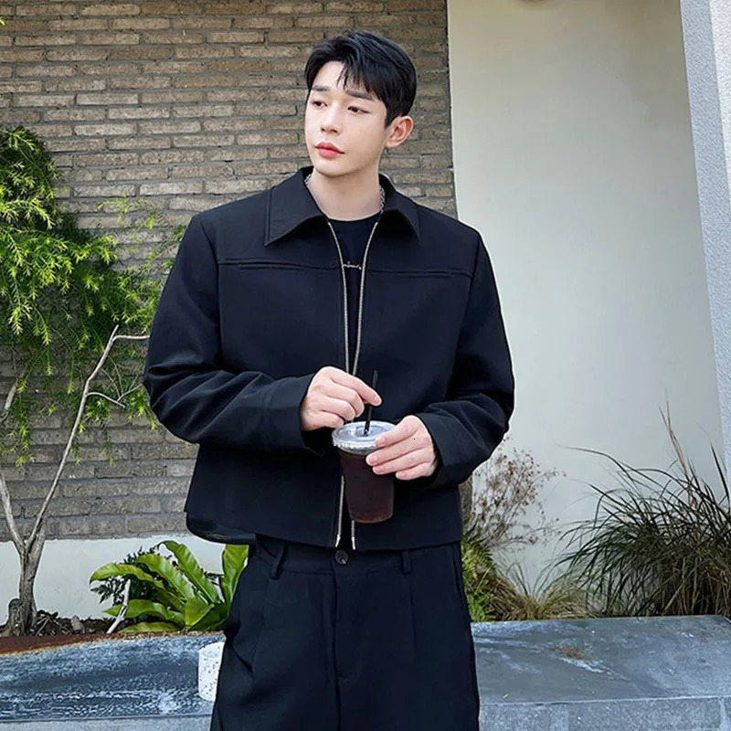 IEFB Trend Mens Jacket Korean Fashion Double Zipper Short Coat Fashion Solid Color Collar Mens Top 9A6760240806