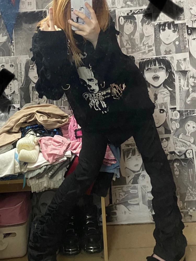 REDDACHiC Goth Lolita Black Pants Casual Flare Stacked Jeans Women Stretchy High Waist Trousers 2000s Y2K Grunge Emo Streetwear 240806