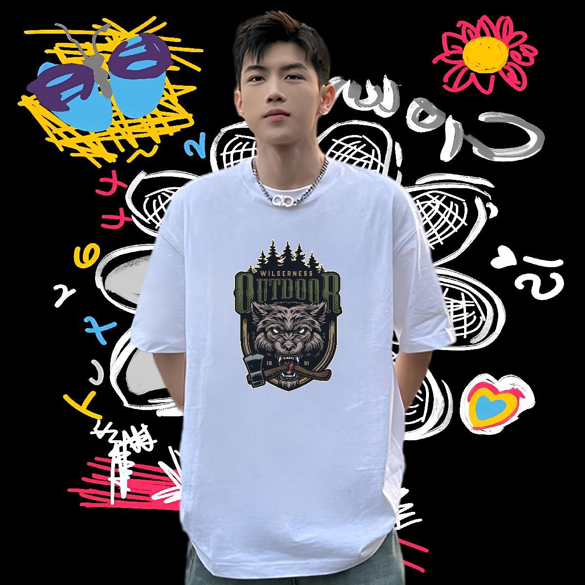 Classic Mens T Shirts 100% Cotton 230g wolf Casual Top Tees Breathable Short Sleeve Wholesale Tshirts Custom Print Plus Size