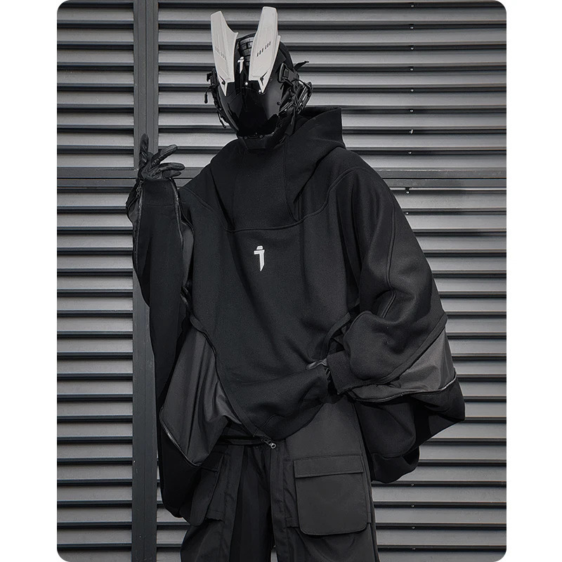 Neutral high street spring functional style irregular zipper hooded sweatshirt loose patch work bat top mens sportswear 240806