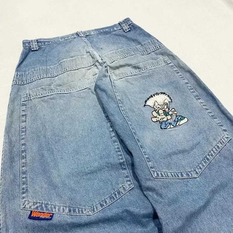 Y2K Street New Cartoon Characters Embroidered Light Blue Washed Loose Jeans Harajuku Gothic Hip Hop Skateboard Pants Mens WomensM240803