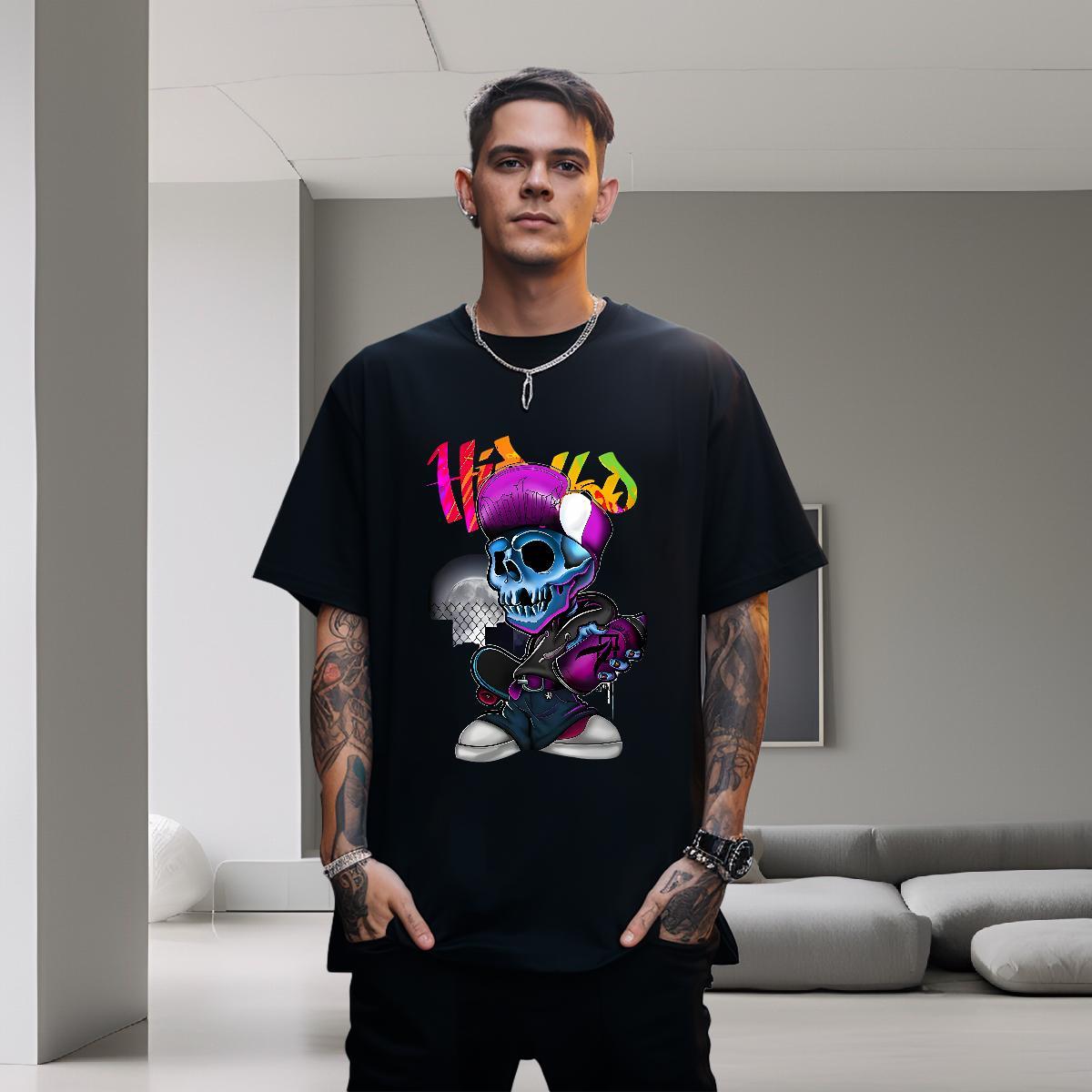 2024 DIY T-Shirts for Men skull Clothings 230g Cotton High Street Hip Hop Comfortable White Plus Size Breathable Men Tees