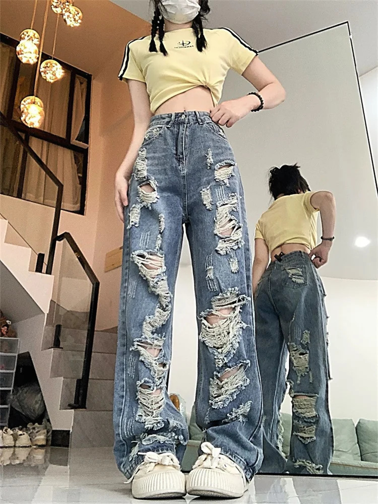 Womens Distressed Straight Jeans Summer Cool Girl Street Style Fashion Pant Female High Waist Multiple Holes Denim Trousers 240806