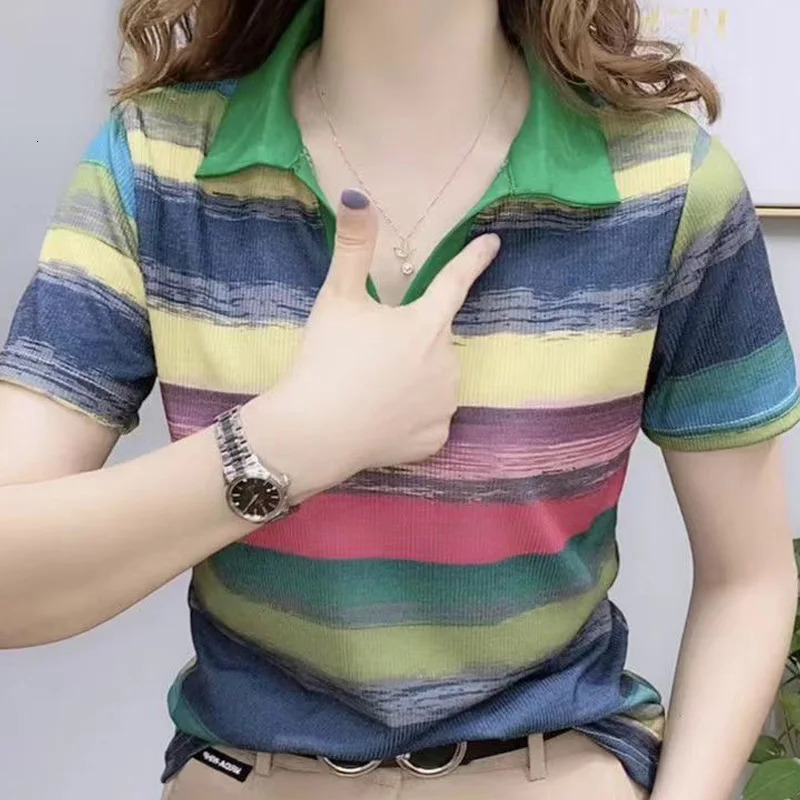 Short Sleeve T-shirt Womens Summer Fashion Rainbow Stripe Polo Shirt Comfortable Leisure Pullover Female Clothing Tops 240806