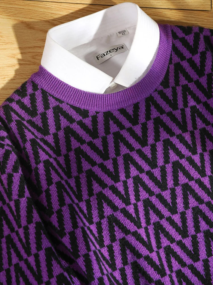 Autumn Winter 100% Wool Sweater Mens Round Collar Thick Matching Color Tops Fashion Loose Knitted Pullover Youth Base Shirt 240729