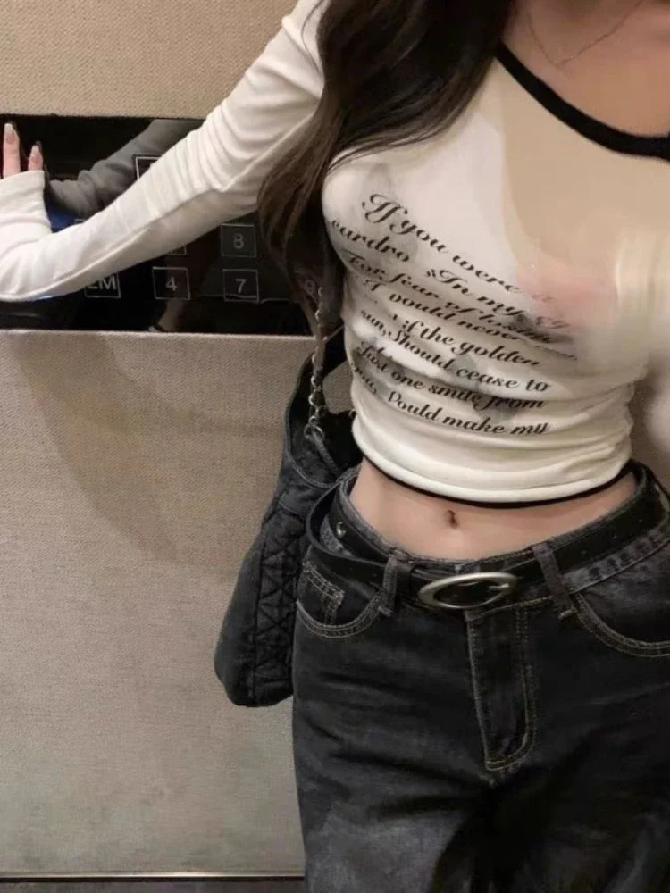 Fashion Casual Butterfly Letter Print Tee Shirts Off Shoulder Long Sleeve Pleated Slim Streetwear Y2k Ins Women Crop Top 240806