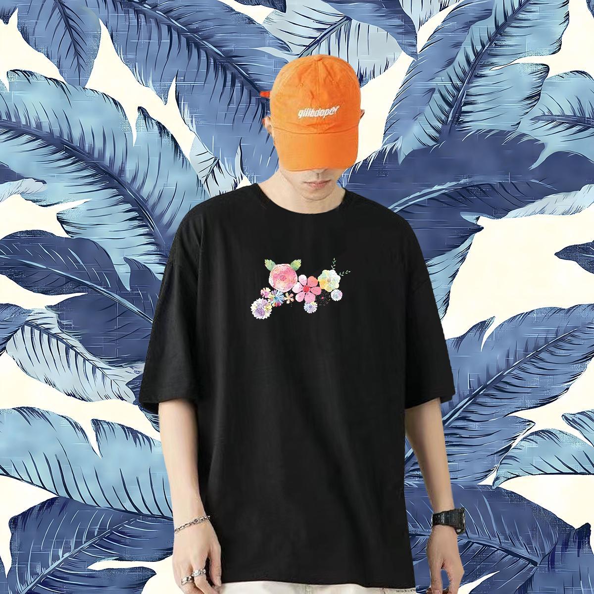 New Designer T Shirts Men 230g Pure Cotton flower Beach Clothings Breathable Short Sleeve Loose Tshirts Plus Size Cartoon