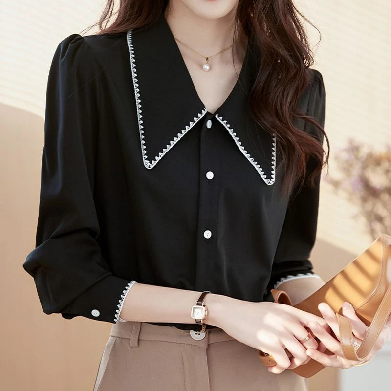 Woman Top Office Outfits Spring and Autumn Wear To Work Dress Shirts Formal Full Long Sleeve Blac Blouses Women Button Up 240806