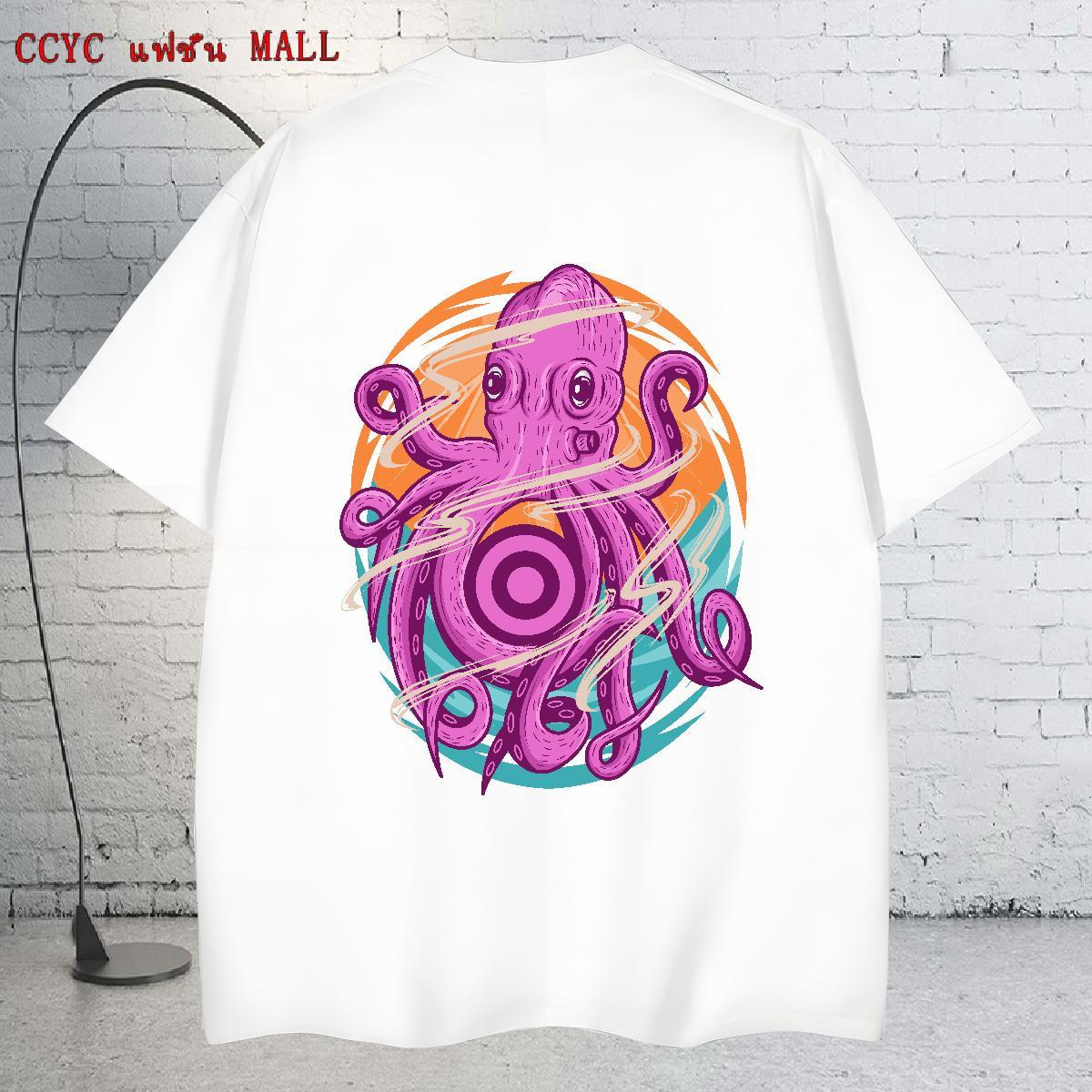 Cool Men Clothes T-Shirt 230g 100% Cotton Street octopus Floral Print O Neck Short Sleeves 2024 Man T Shirts Tops Shirt