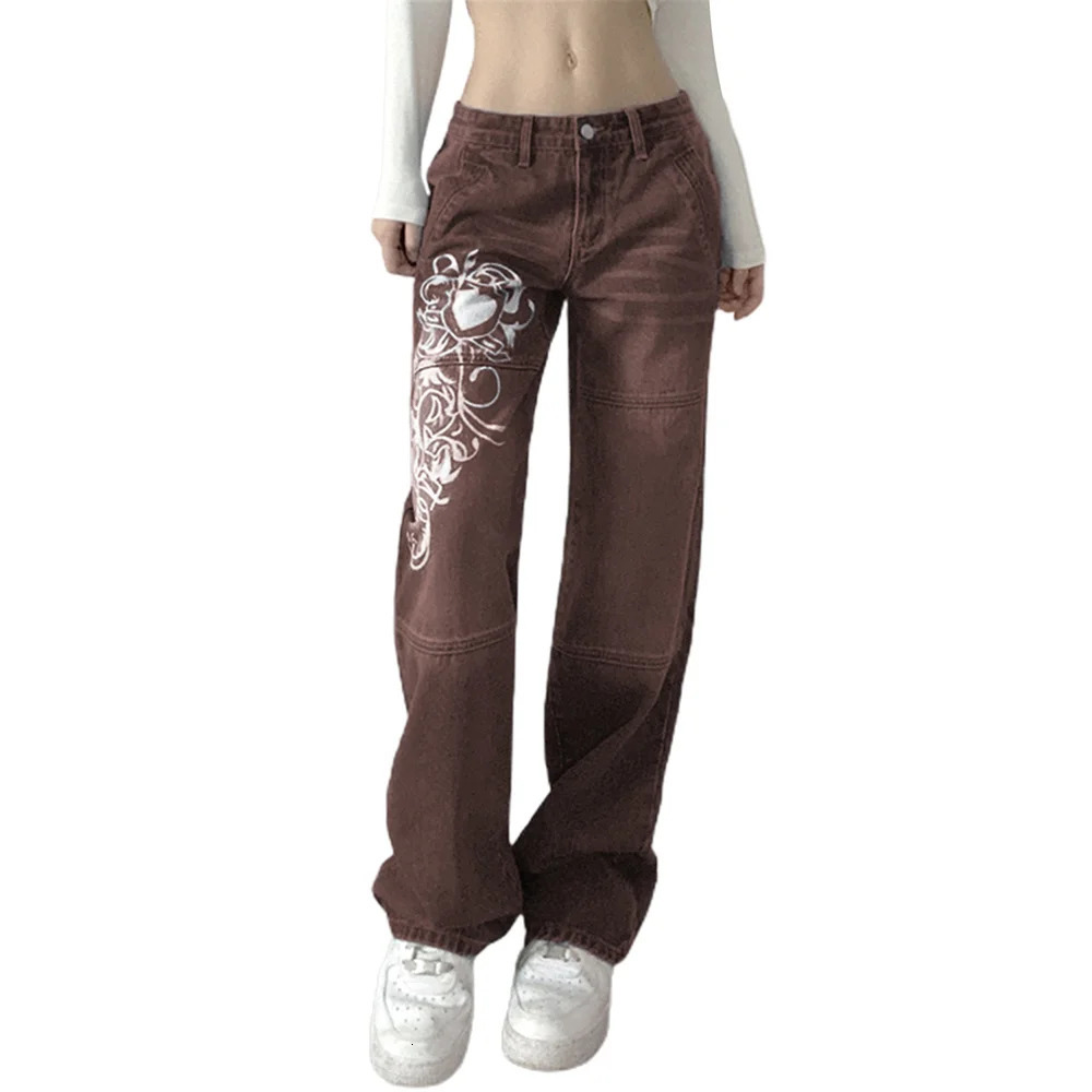 Women Low Waisted Y2k Graphic Jeans Casual Loose Straight Bell Bottom Bootcut Leggings Strtwear Baggy Denim Pants Z260313