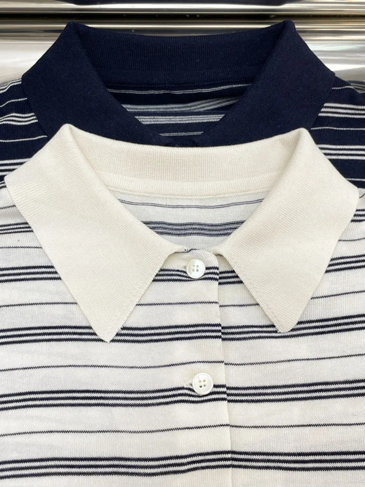 Contrast striped jacquard knitted polo shirt with letter micro label long sleeved T-shirt top 240827