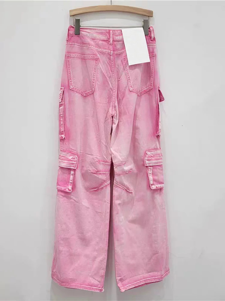 DEAT Womens Jeans High Waist Multiple Pockets Pink Washed Straight Wide Leg Cargo Denim Pants Summer Fashion 29L7634 240806