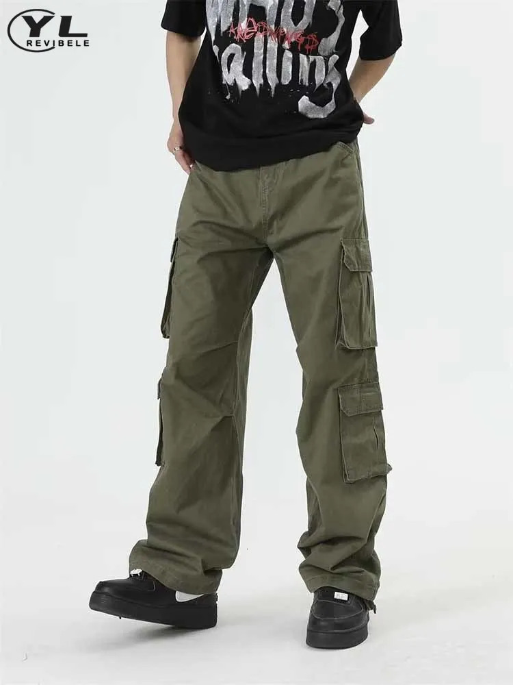 American multi pocket cargo pants mens Japanese retro bag straight casual jogging sports autumn style 240812