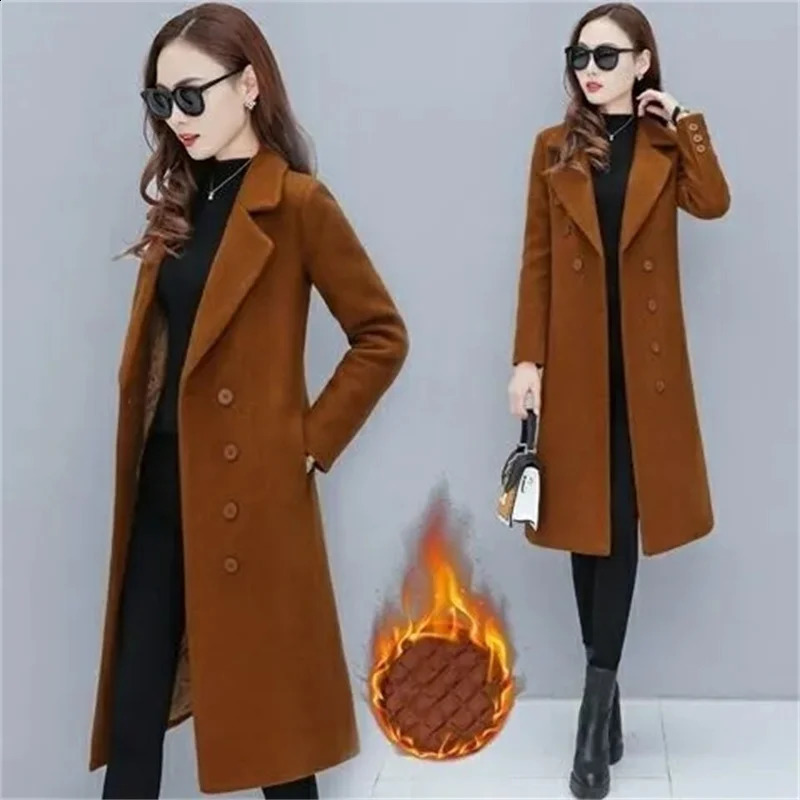 Female Woolen Coat Velvet Womens Double-Breasted Woolen Coat Spring And Autumn Woolen Coat Fashion Suit Collar ThickTrench 240822