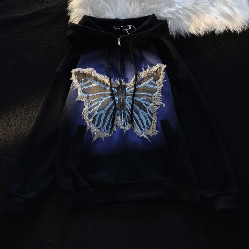 Vintage Denim Butterfly Embroidery Patchwork Tops Women Autumn Loose Long Sleeve Pullovers Y2k Street Hoodies Couple Sweatshirt 240805