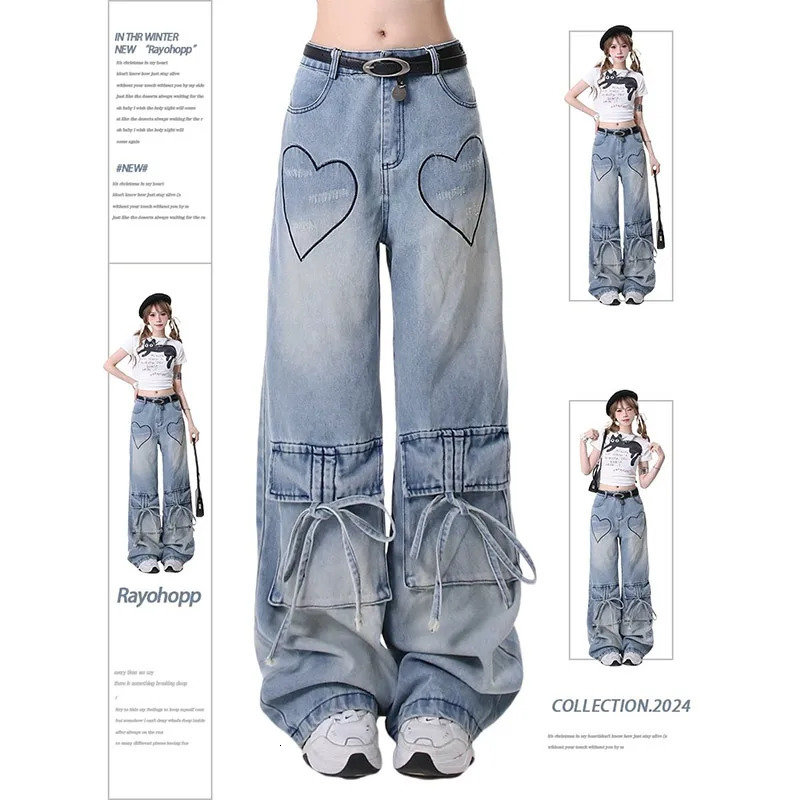 Blue Womens Jeans Hip-hop Fashion Vintage Streetwear Y2K Wide Leg Straight Jean High Waist Trouser Baggy Cargo Denim Pants 240806