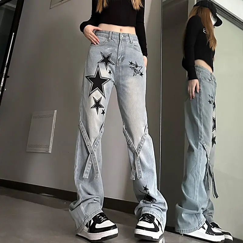 Harajuku Vintage High Waist Jeans Streetwear Women Clothing Y2k Patchwork Stars Prints Wide-leg Pants Casual Cargo Jeans 240806