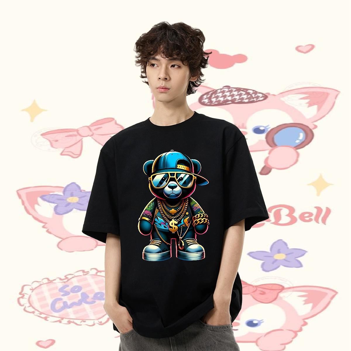 Free Shipping T-Shirts 100% Cotton 230g bear Street wear Hip Hop Tops Tees Short Sleeve O-Neck Brand Men Clothes T-Shirt Floral Print