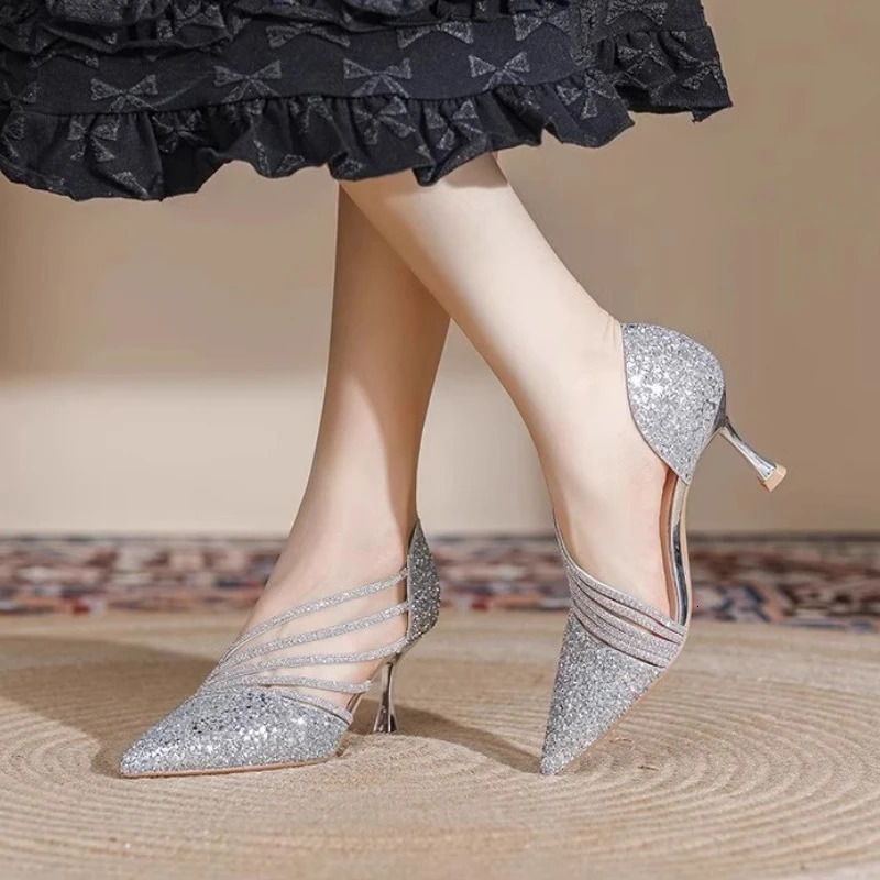 Sexy Pointed Toe Champagne Womens High Heels 2024 Sparkling Crystal Wedding Bridal Shoes Simple and Elegant Womens Dress Shoes 240802