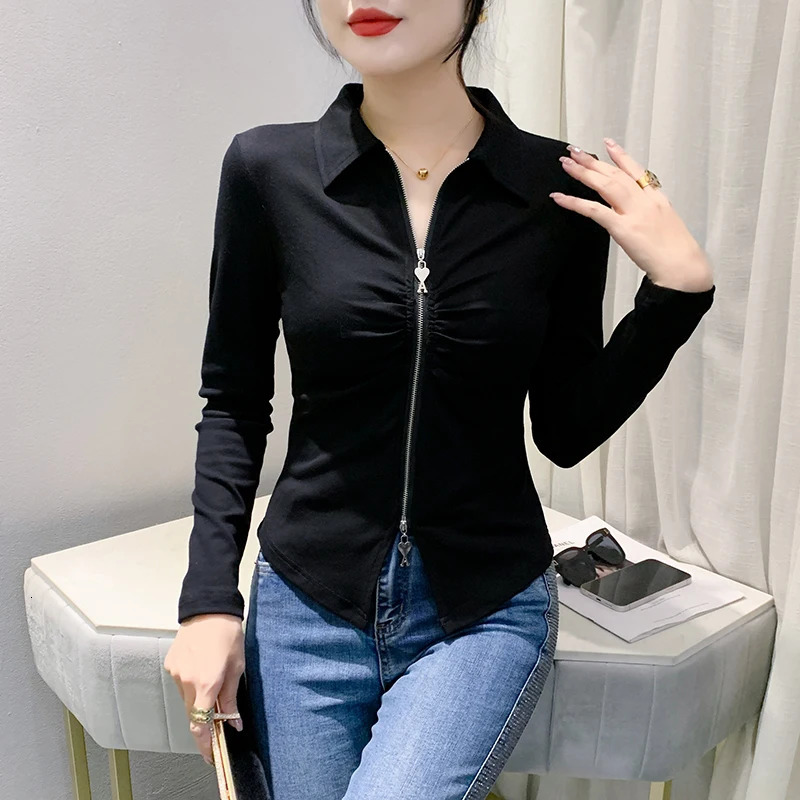 Fall Winter European Clothes T-Shirt Fashion Sexy Turn-down Collar Zipper Women Tops Long Sleeve All Match Tees 39098 240806