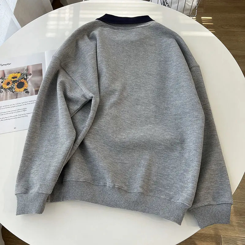 Polo Collar Hoodies Lovely Gray Bear Pattern Women Sweatshirt Autumn Vintage Female Hoodies Casual Long Sleeve Oversized Tops 240806