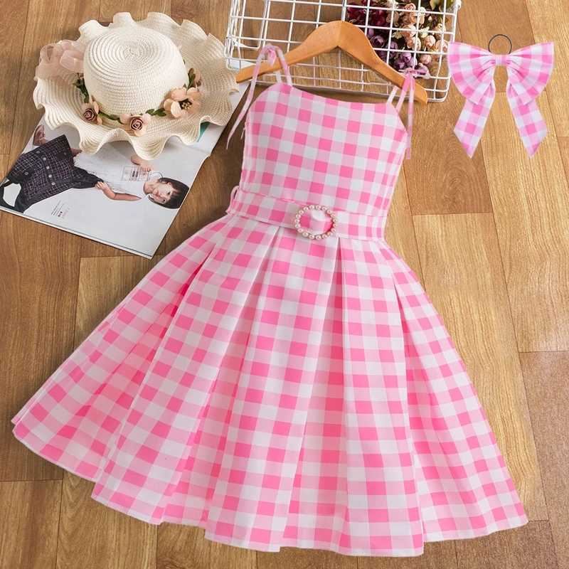 2024 New Movie Costume Girl Role Play Pink Checkered Dress Childrens Summer Sleeveless Dress Childrens Party Clothing 3-10 YearsW240720