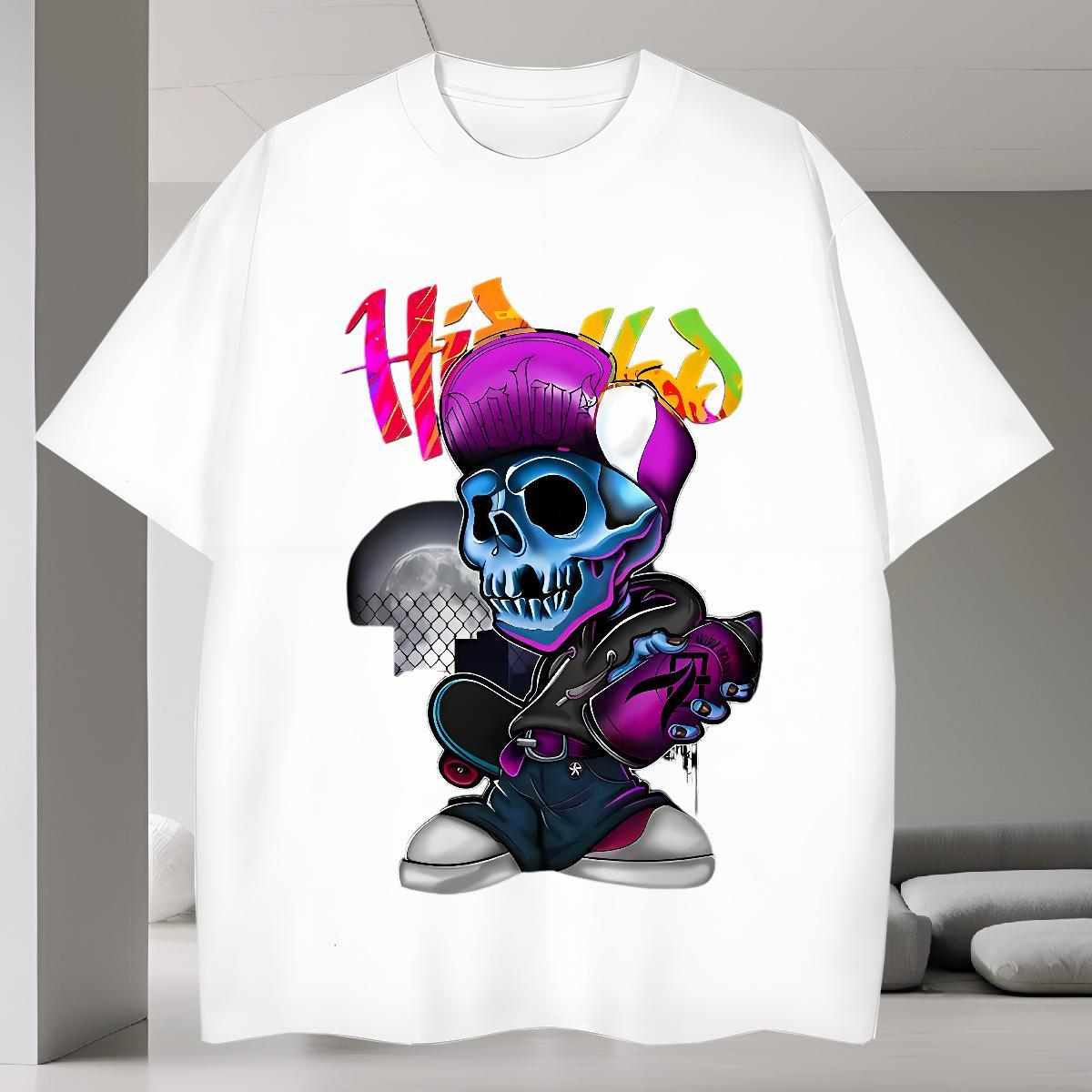 2024 DIY T-Shirts for Men skull Clothings 230g Cotton High Street Hip Hop Comfortable White Plus Size Breathable Men Tees
