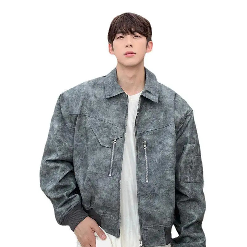 Mens Cropped PU Leather Jacket Fashion Turn-down Collar Gradient Color Retro Coat Zipper Mens Motorcycle Outwear Spring Pink 240806