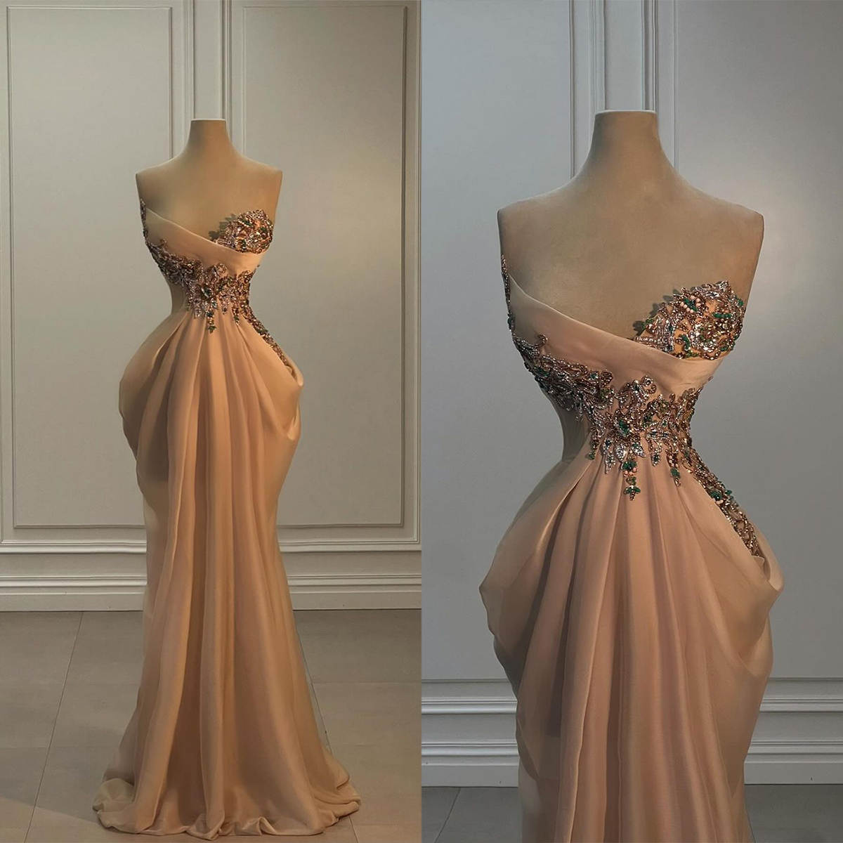 Gorgeous Mermaid Evening Dress Beaded Crystal Strapless Sleeveless Prom Gowns Ruched Draped Formal Dresses Customized