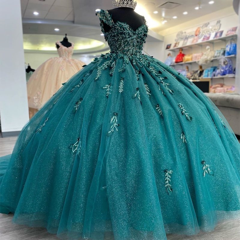 Emerald Green Shiny Quinceanera Dresses Ball Gown Off The Shoulder Applique Lace Beads Tull Corset Party Birthday Sweet 16 Dress Vestidos De 15 Anos