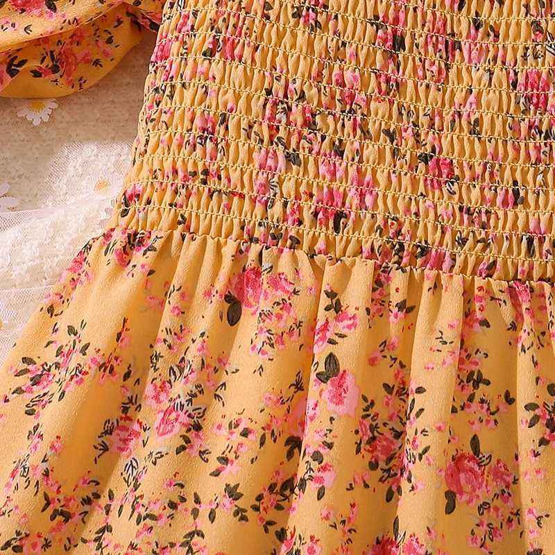 Summer dress 8-12 year old childrens girl fluffy sleeves yellow floral long dress elegant princess birthday party daily dressW240720