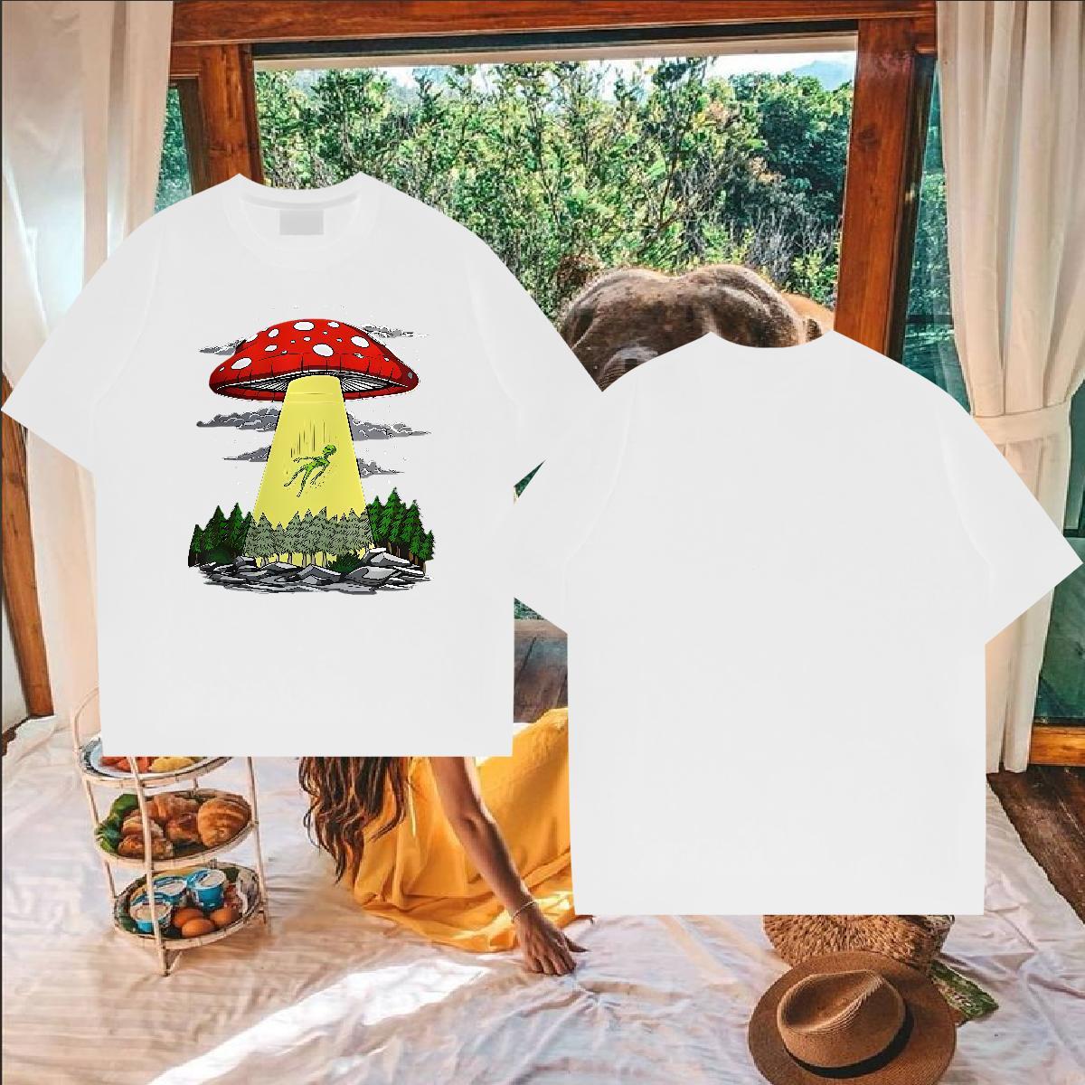 Classic Mens T Shirts 230g 100% Cotton mushroom Daily Outfit Tops Tees Breathable Crew Neck Unisex Men Tops Tees Floral Print