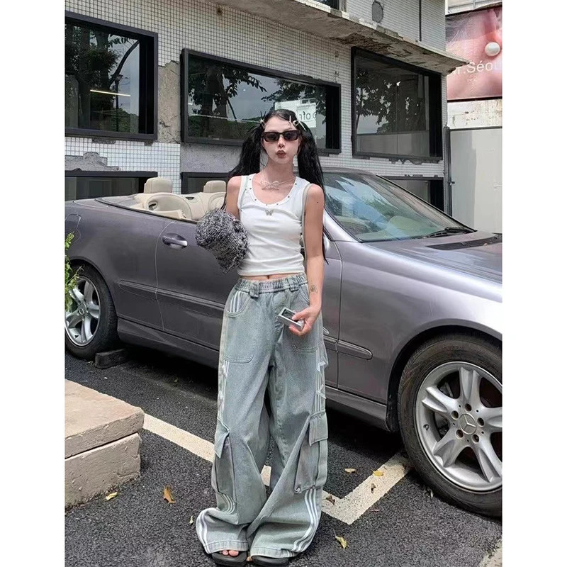 Womens Bow Y2k Cargo Jeans Harajuku Baggy Denim Trousers Aesthetic Jean Pants Vintage Japanese 2000s Style Trashy Clothes 240806
