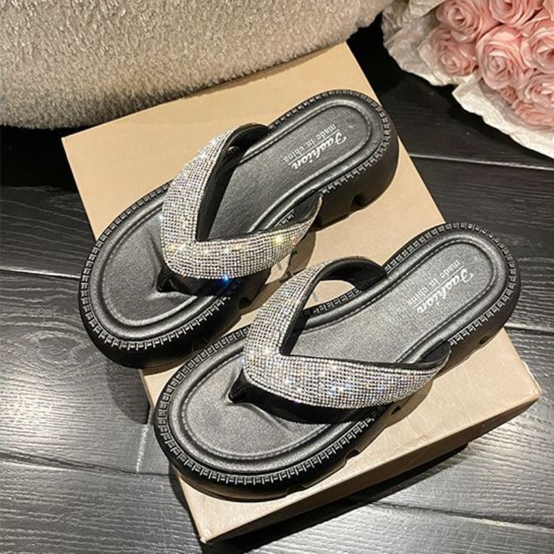 Summer Leisure Beach Slippers Flip Flops Slides Solid Bling Flat Mid Heels Shoes for Women Plus Size