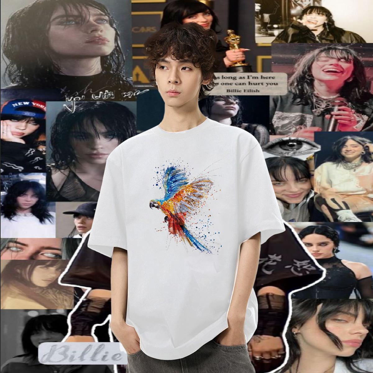 New T Shirt For Man 230g Cotton parrot Street wear Hip Hop Tops Shirt Breathable Short Sleeve Unisex Men Tees Cartoon Printing L-4XL