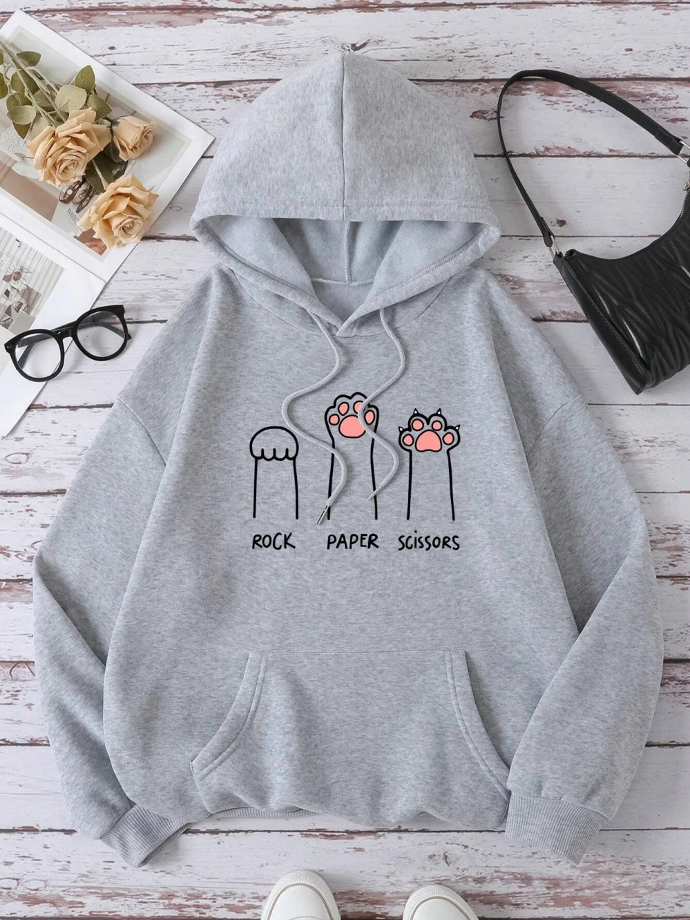 Cute Cat Claw Rock Paper Scissors Sweatshirt Womens Fashion Quality Breathable Hooded Warm Casual Hoodies Loose Clothing 240806