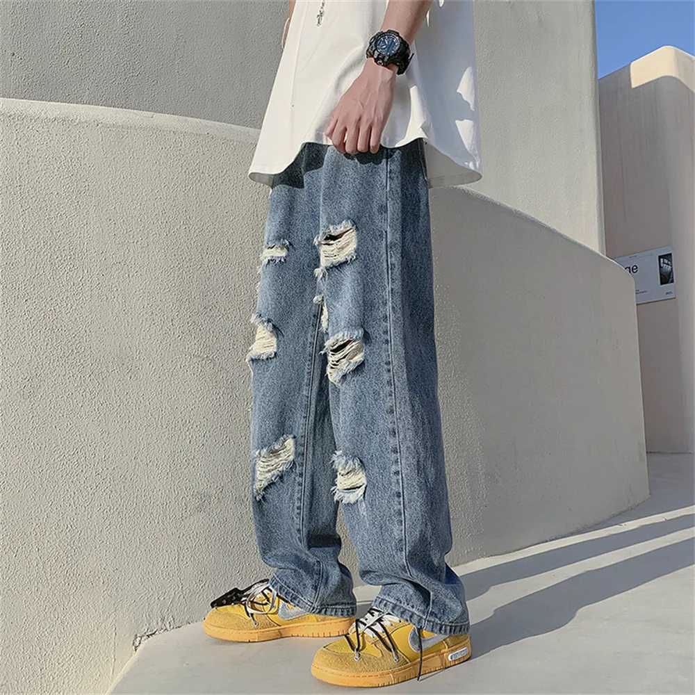Summer Blue Black Ripped Jeans Men Fashion Casual Wide Leg Jeans Mens Streetwear Loose Hip Hop Straight Hole Denim Pants Men M250610