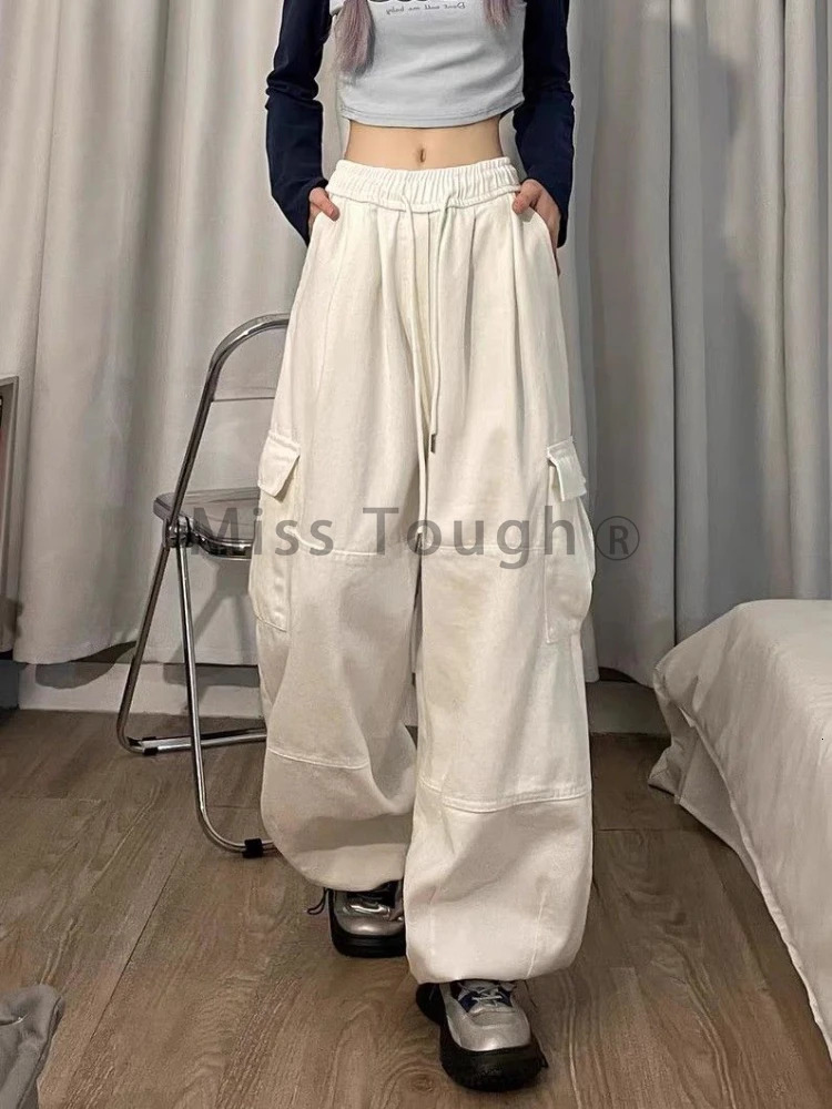 American Style Dance White Cargo Jeans Women Summer Pure Color Loose Leg Straight Trousers Female Street Y2k Leg Mopping Pants 240806