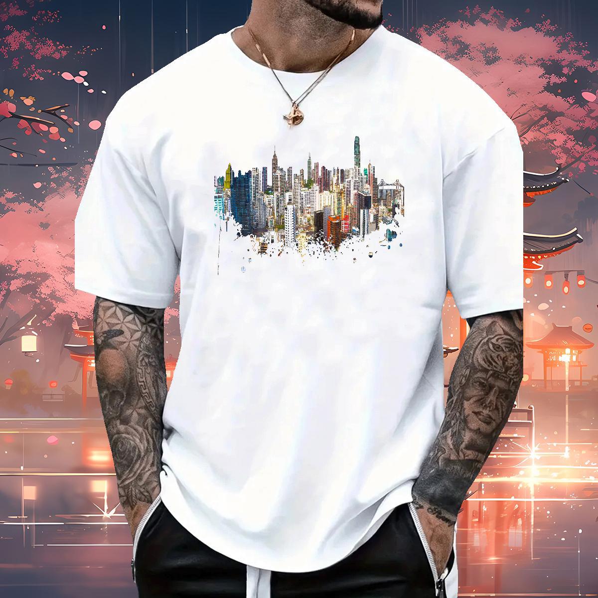 Fashion Casual T Shirt For Man 100% Cotton 230g Tall buildings Hip Hop Street Tshirts Round Neck Short Sleeve Free Shipping Men Tops Tees Custom Anime