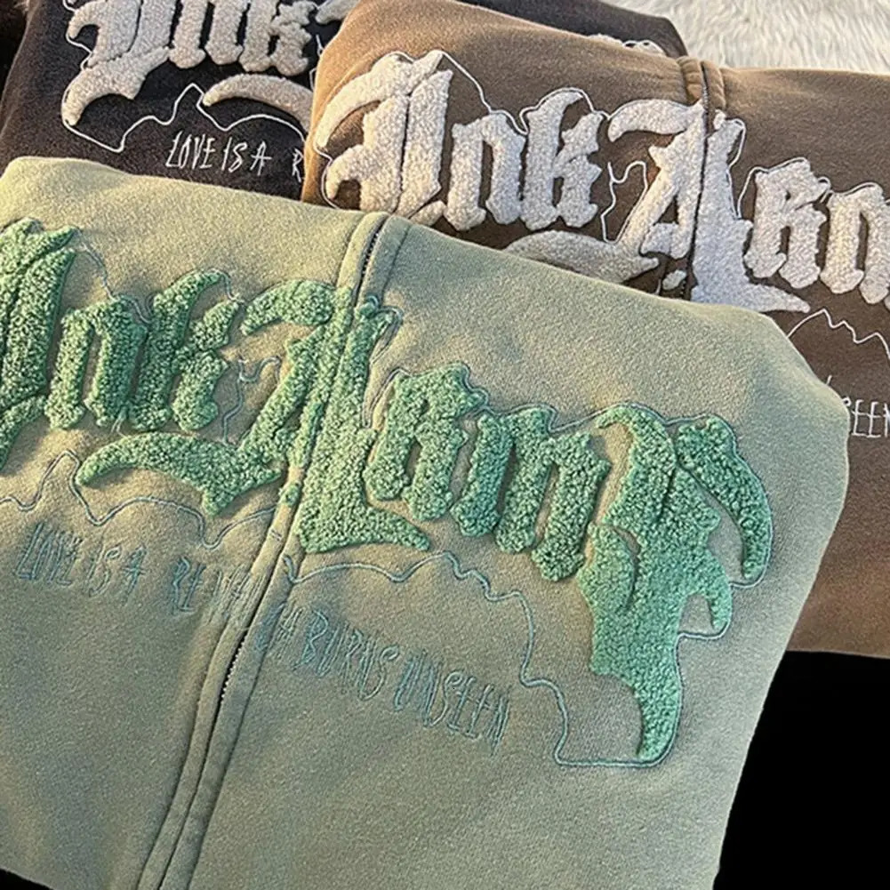 Horn Letter Embroidery Zip Up Hoodie Women Jacket Oversized Long Sleeve Sweatshirt Harajuku Couple American Retro Jacket Tops 240806