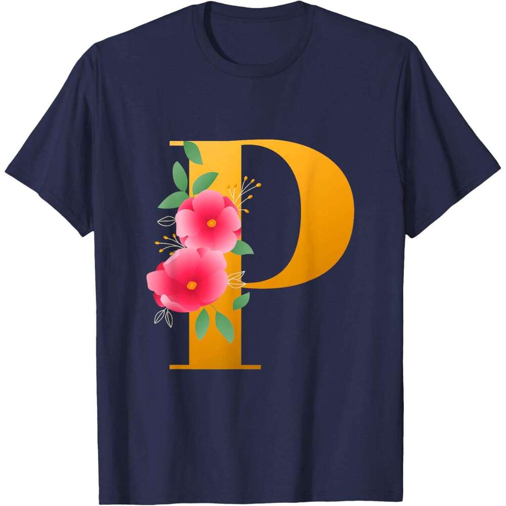 T shirt Mens Floral Alphabet Cute Initial Monogram Letter P Graphic T-Shirt shirts tshirt graphic tee Casual tops summer clothes Short sleeve Free shi